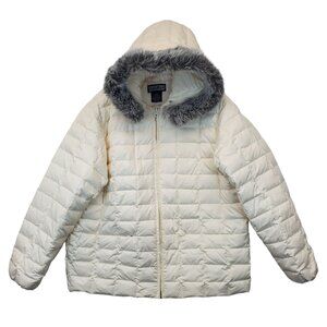 LANDS END Womens L Cream Goose Hooded Down Puffer Coat Short Insulated Quilted